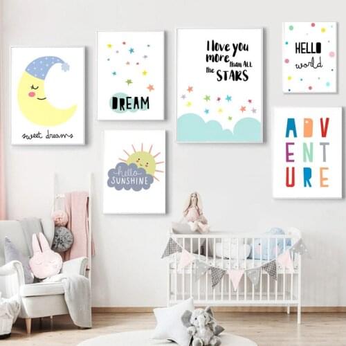 Baby Nursery Art Hello Sunshine Sleep Moon Canvas Poster Colorful Print Painting Kid Room Decorative Picture Home Decor