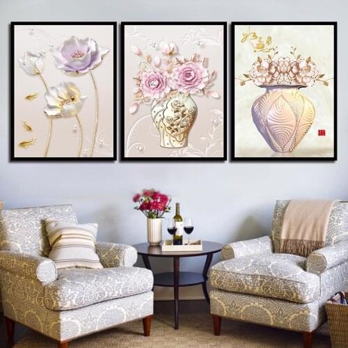 Elegant Flower Vase Painting Print Nordic Peony Poster Lotus Fish Pictures Art Canvas Fashion Living Room Home Decor