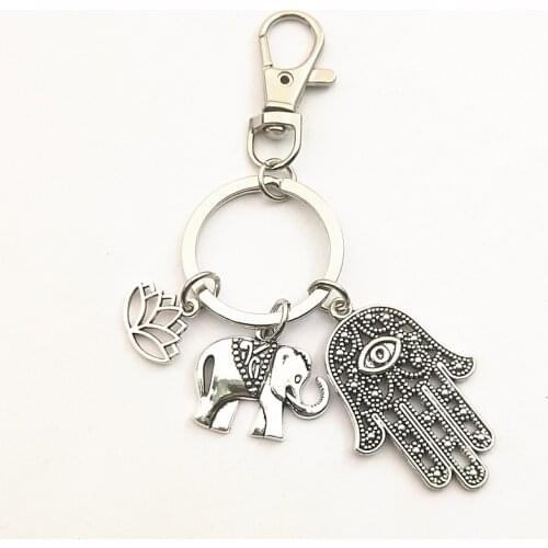 1pcs Tribal Ethnic Keychains Unique Bohemia Gift Key Holder Lotus Jewelry Hand Elephant Car Keychain For Women