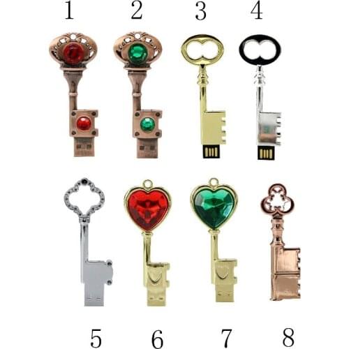 Crystal Key Pen Drive 128GB Metal Bronze Heart Key Flash Drive USB 2.0 Pendrive Memory Stick Drives 16GB 8GB 4GB Usb Flash Drive