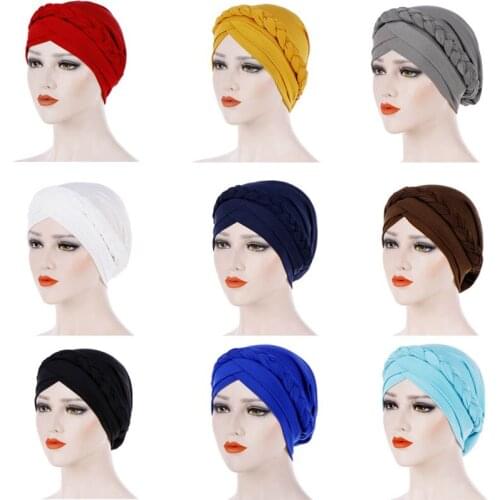 Hijab Scarf Solid Color Muslim Women Turban with Braided Islamic Inner Hijab Cap Soft Ladies Headwear Hair Accessories Mujer
