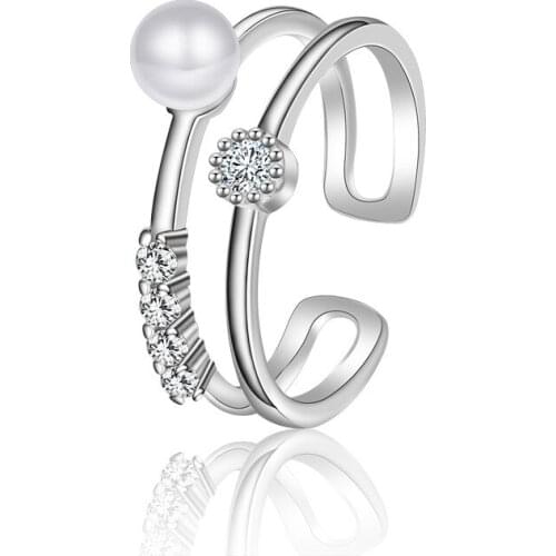 Hot Sell New Fashion Shiny Zircon Pearl 925 Sterling Silver Adjustable Size Finger Rings for Women Jewelry Gift Wholesale