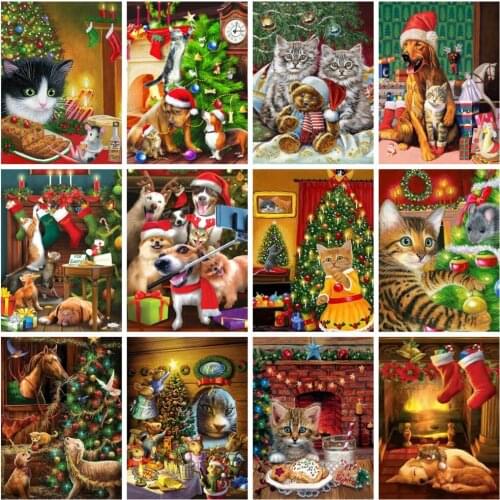 Huacan Diamond Painting Christmas Cat Dog Home Decor Diamond Embroidery Mosaic Christmas Tree Wall Sticker