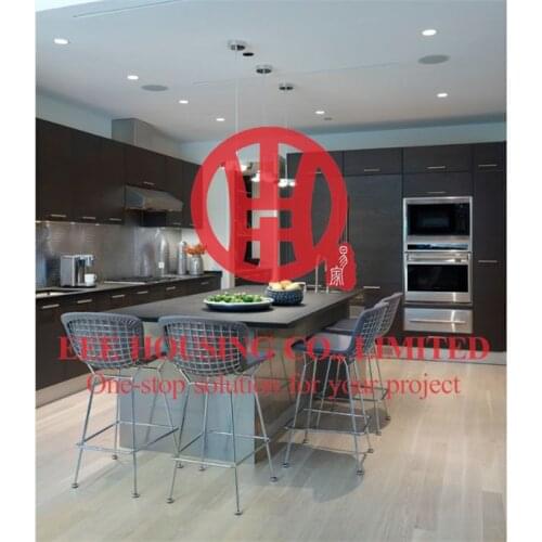 Customized modern laminated wood grain color kitchen cabinet with excellent design and quality MOQ is 1 set & sipping by sea