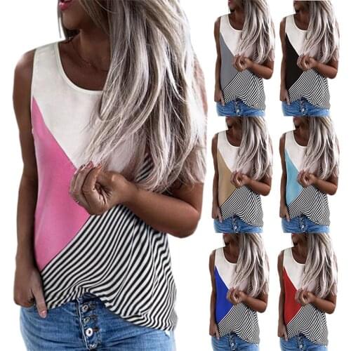 Tank Top Women 2021 Loose Vest Sleeveless Ladies T-Shirt Summer Contrast Color Stripe Print Large Size Round Neck Femme Tshirts