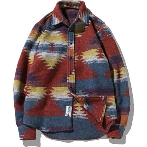 Folk-custom Shirts for Men Vintage Woolen Leisure Pattern dress casual Shirt Men Plus Size Streetwear Chemise Homme flannel