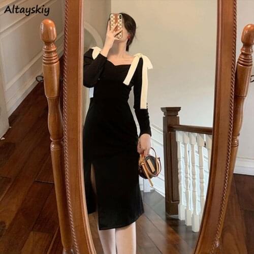 Long Sleeve Dresses Women Elegant Classic French Temperament Side-slit Korean Style Square Collar Female Vestidos Bow Patchwork