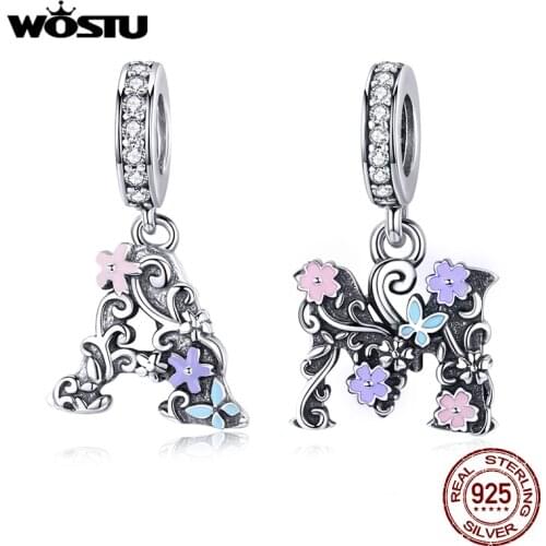 WOSTU Real 925 Sterling Silver Letter A & M Flower Charm Fit Original Bracelet Pendant Zircon Beads For Jewelry Making CQC1274
