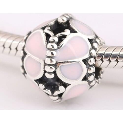 Authentic S925 Bead DIY Jewelry Pink Enamel Butterfly Charms fit Lady Bracelet Bangle