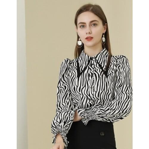 Spring new womens zebra pattern long-sleeved lapel fashion niche design sense straight chiffon shirt ladies top
