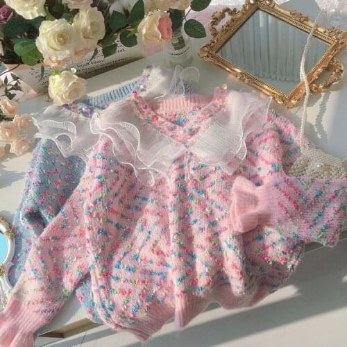 Japanese Kawaii Spring Soft Girl Pink Sweater V-neck Shell Sequin Stitching Mesh Yarn Lace Sweater Lotus Leaf Sleeve Sweater