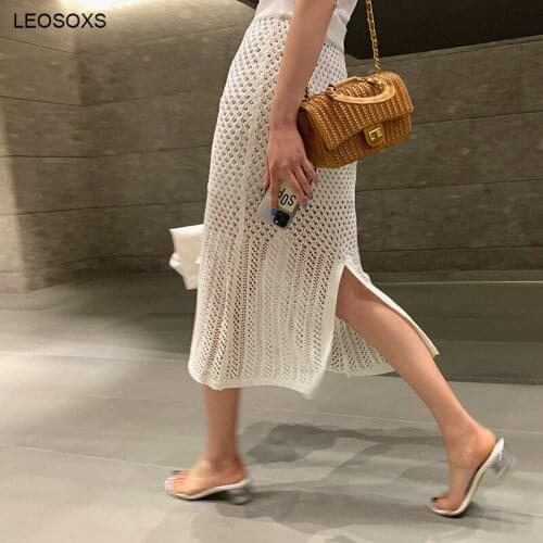 Elegant For Women Back Slit High Waist Bag Hip Hollow Knit Skirt 2021 Summer Light Solid Color Long Skirt