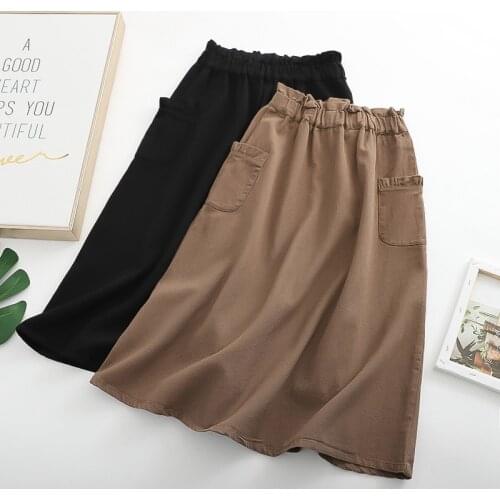 2021 Women Summer Cotton And Linen Midi Length Skirt Women High Waist Long Skirt With Pocket Saia A-Line Faldas