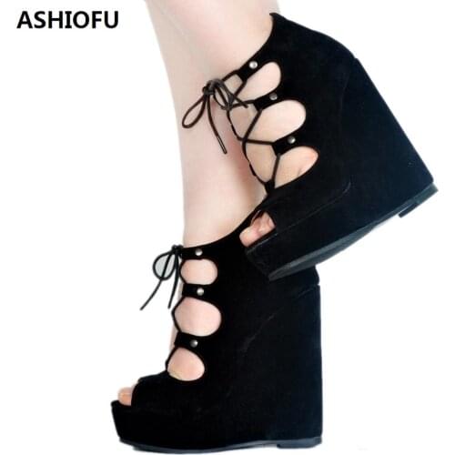 ASHIOFU Handmade Womens Sandals Crosscriss Shoelace Party Prom Shoes Large Size Club Fashion Evening Sandals Shoes
