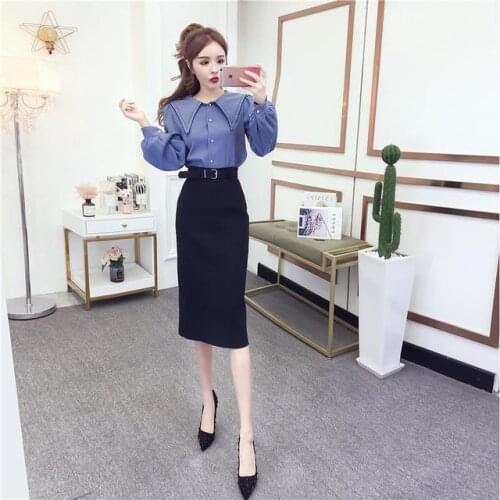 Women 2021 Spring Autumn 2 Piece Sets Female Solid Color Buttons Shirts Ladies High Waist Split Package Hip Skirts Suits T281