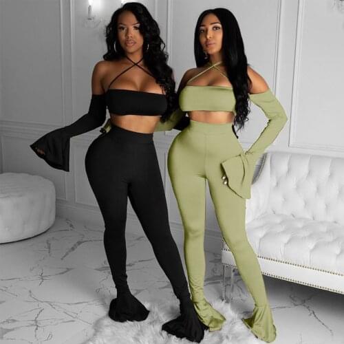 2020 Fashion Trend Women Casual Two-piece Set Solid Color Slash Neck Crop Top Flared Long Pants Suits Sexy Autumn Slim Outfits