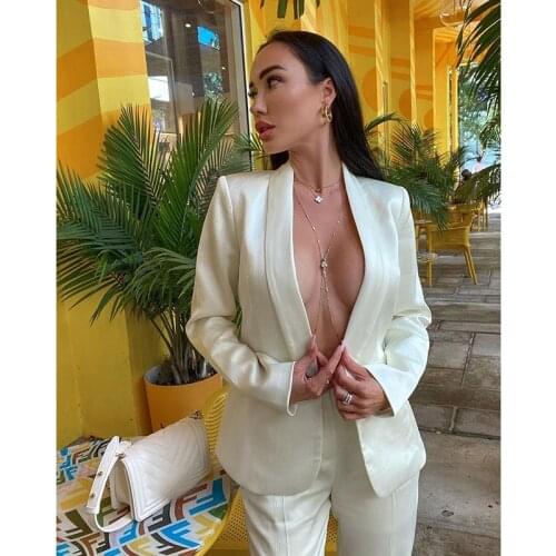 2021 Women White Blazer Outfit Office Lady Elegant Casual Slim Long Sleeve Blazer Suits and Pants Two Pieces Set 50291