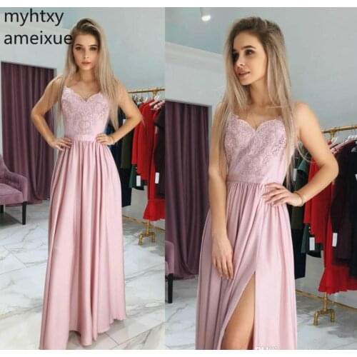 2020 Cheap Split Sexy Pink Prom Dress A Line Lace Appliques Long Formal Wear Evening Party Gown Plus Size Prom Dresses Elegant