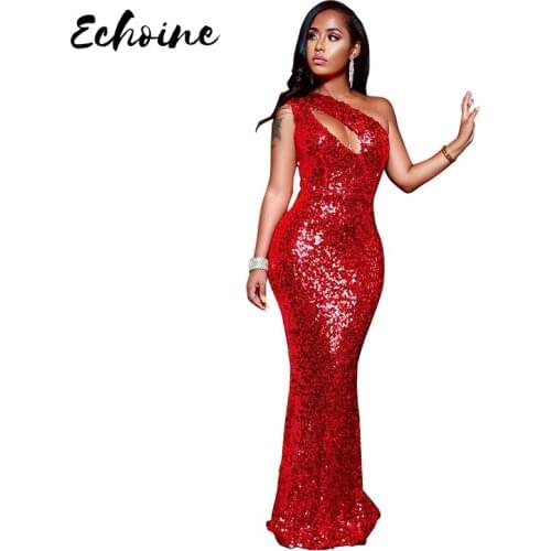 Echoine Women Sexy Sequined Party Dress Red One Shoulder Sleeveless Mermaid Hollow Out Formal Nightclub Vestidos Plus Size XXL