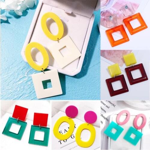 1Pair Candy Color Acrylic Plastic Hollow Geometric Round Square Long Drop Earrings Women Girls Gifts Jewelry Party