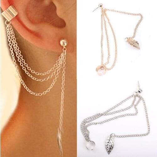 1Pcs Fashion Jewelry Gold Silver Plated Tassel Chains Leaf Pendant Ear Cuff Elegant Women Girls Clip Earring