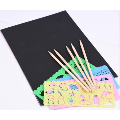 50PCS New Magic Color Rainbow Scratch Art Paper Card Set with Graffiti Stencil for Drawing Stick DIY Art Painting Toy Kids Gift