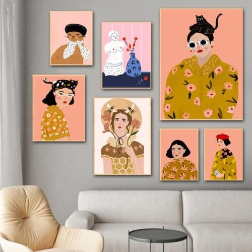Abstract Fashion Floral Girl Cat Retro Posters and Prints Nordic Yellow Canvas Painting Art Pictures Home Decor Girls Bedroom
