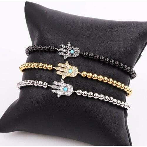 Classic Design CZ Pave Hand Charm Small Stainless Steel Beads Macrame Bracelet Women Men