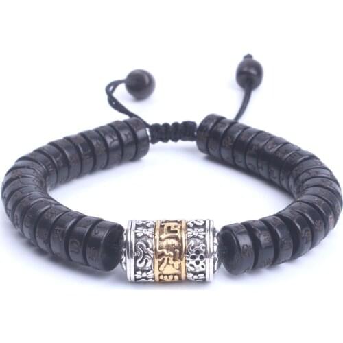 Natural Coconut Shell Beads OM Mani Padme Hum With Metal Mantra Sign Beads Bracelet Handmade Tibetan Buddhist Jewelry Dropship