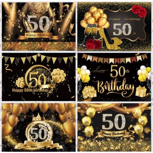 50th Backdrop Black Glod Adult Happy Birthday Party Customize Curtain Photography Background for Photo Studio