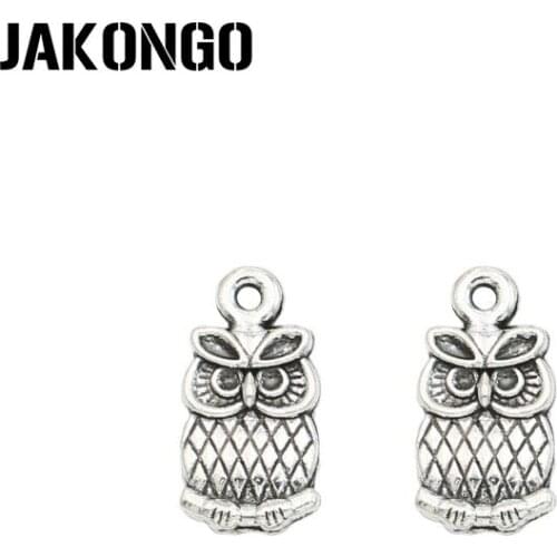 JAKONGO Antique Silver Plated Owl Charm Pendants Jewelry Accessories Making Bracelet DIY 15x7mm 25pcs/lot