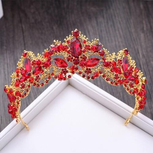 New Fashion Baroque Luxury Red Crystal Bridal Crown Tiaras Vintage Gold Diadem Tiaras for Women Bride Wedding Hair Accessories