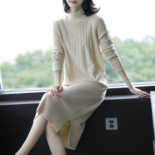 New Arrival Ladies Solid Color Cashmere Sweater Soft Long Dress Autumn Winter Elegant Female Wool Sweater Long Dress Pullovers