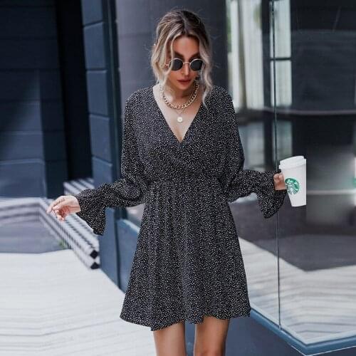 Autumn Winter Slim Ruffles Dot Print Short Dress For Women New Flare Sleeve Dress Women Casual