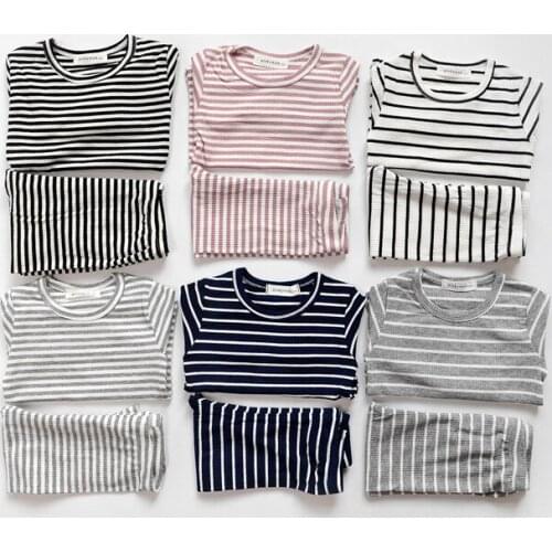 Cotton Full Sleeve Ribbed Striped Boys Sleepwear Kids 2pcs Pyjamas Children Baby Girls Pajamas Pijama Autumn Infantil Pijamas