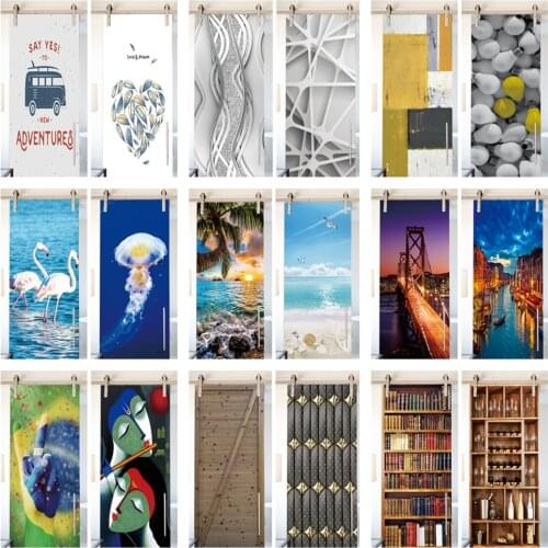 Beach Wine Cabinet Door Sticker European Wall Mural Art Wallpaper Poster Door Stickers PVC Adhesive Removable Home Door Decals