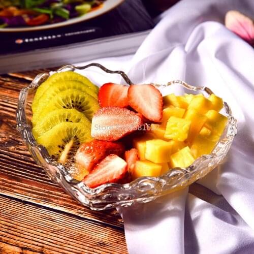 Transparent Heart Shape Rose Glass Fruit Dish Tray Floral Engraving Nuts Salad Bowl Snack Dishes Plate Tableware for Lovers