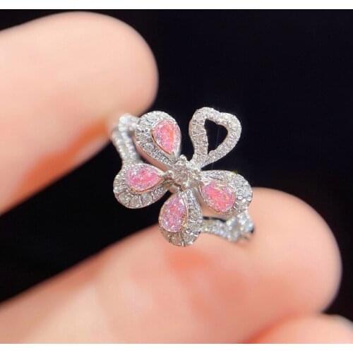 Luxury Female Pink Zircon Stone Open Ring Charm Silver Color Engagement Ring Vintage Bride Flower Zircon Wedding Rings For Women