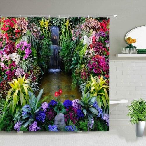 Fresh Flowers Shower Curtains Summer Natural Scenery Background Wall Decor Waterproof Fabric Bathroom Bathtub Screen With Hooks