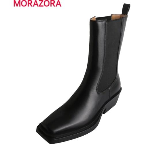 MORAZORA Plus Size 34-41 Genuine Leather Western Boots Women Slip on Square Toe Ankle Boots Fashion Autumn Winter Shoes