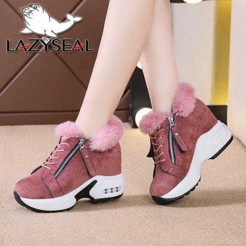 LazySeal 4cm Height Increasing Snow Boots Women Winter Furry Lace-up Zip Pink Platform Women Shoes Plush Warm Woman Snow Boots
