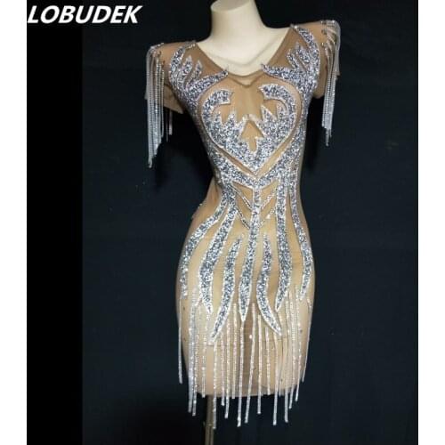Silver Rhinestones Mesh Transparent Tassel Short Dress Women Birthday Party Catwalk Dress Sexy Evening Club Singer Stage Wear