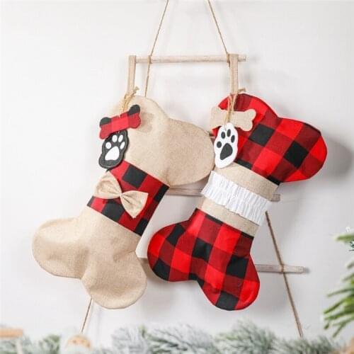 12 Pcs New Year Christmas Stockings Buffalo Plaid Large Bone Shape Pets Stocking For Dogs Xmas Decorations Gift Bag Wholesale X2