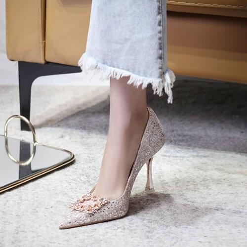 2021spring new silver rhinestone sequins stiletto high heel shallow mouth wedding shoes female pointed banquet dress single shoe