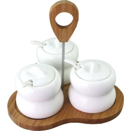 Creative Kitchen Accessories Spices Jar Set Seasoning Tank Storage box Set Wooden Tray Glass Cover Home Decor Gift