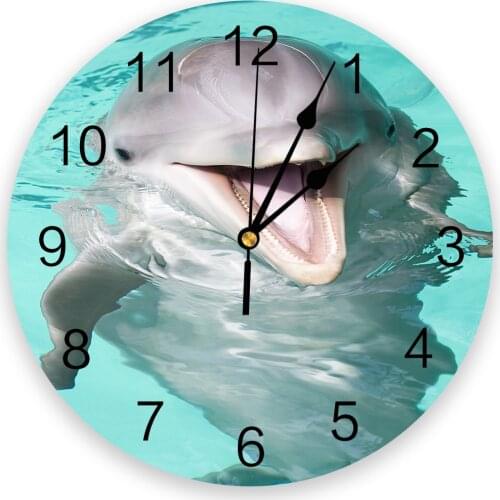 Smiling Dolphin Animal Round Wall Clock Creative Home Decor Living Room Quartz Needle Wall Clocks Hanging Watch