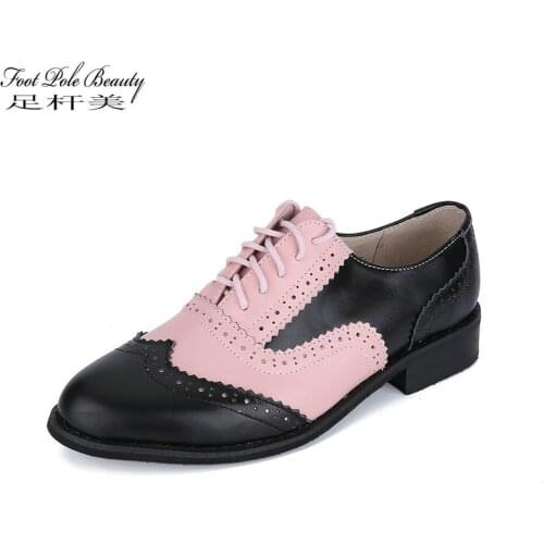 Fashion college style Black pink Genuine Leather shoes for women flat shoe Plus Size Woman Brogues oxford sneaker tenis feminino