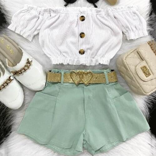 Fashion 2021 Toddler Girl’s Clothes Set Off Shoulder Short Sleeve Tops+Solid Color Pocket Shorts 2PCS Infant Kids Outfits
