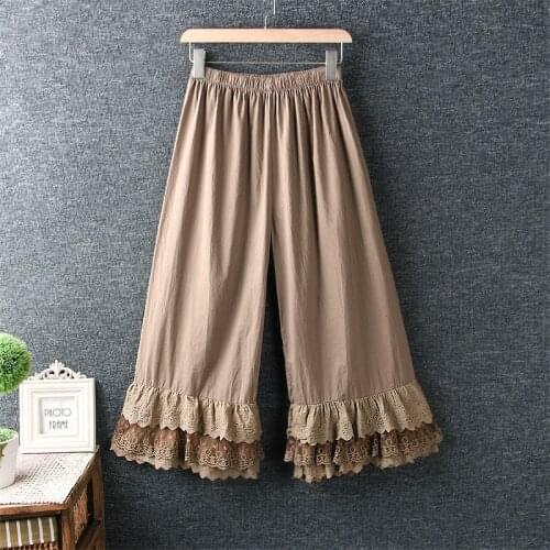 2021 New Spring Summer Women Pants Japan Style Mori Girl Lace Wide Leg Pants Cotton Loose Casual Women