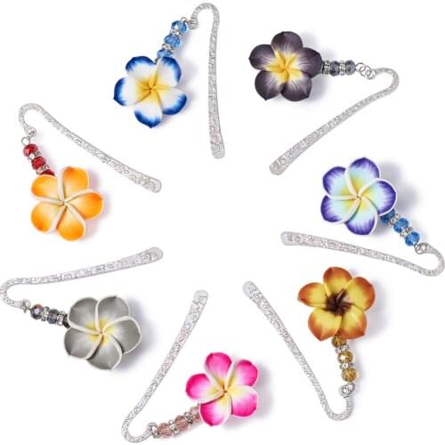Pandahall 10pcs 80mm Assorted Mixed Color Handmade Polymer Clay Plumeria Bead Rhinestone Beads Alloy Glass Bookmarks Hairpins